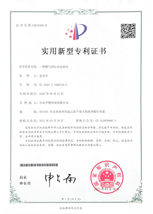 燃?xì)庥瞄L(zhǎng)壽命管件；實(shí)用新型專(zhuān)利證書(shū)